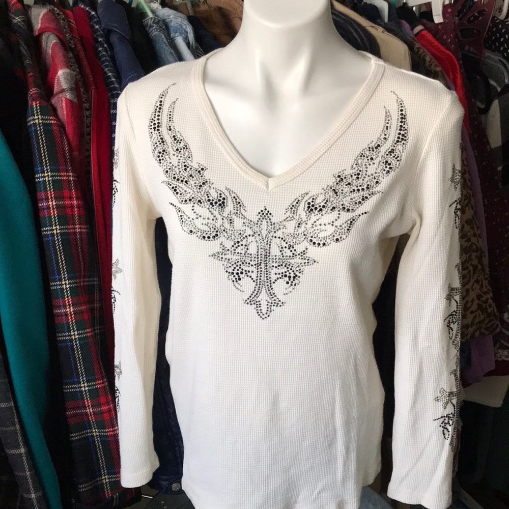 Vintage Y2K McBling Rhinestone Cross Henley Waffle Knit Top Reba Made in USA